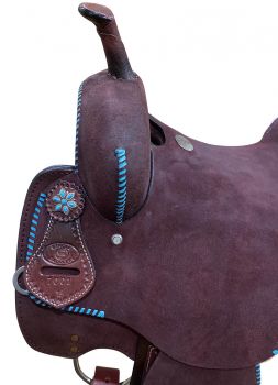 15" CIRCLE S Barrel style saddle with Teal buck stitch accents #3